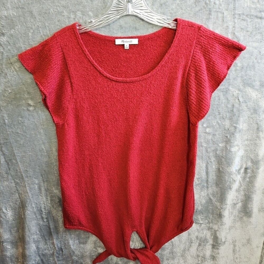 Madewell Women's Top Med Burgandy cap sleeve tie waist textured